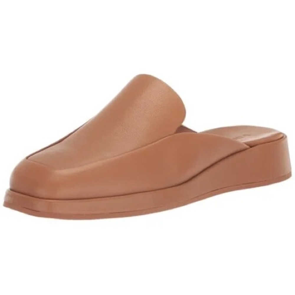 Vince Raquel Leather Closed Square Toe Platform Wedge Mules in Tan